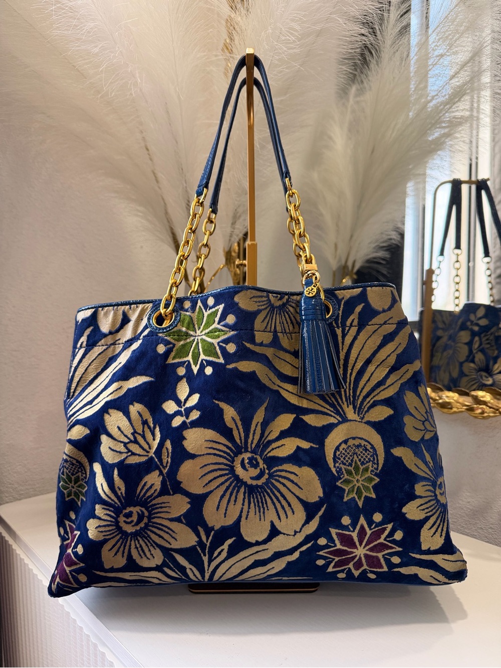 Tory Burch Navy Floral Tote with Gold Hardware